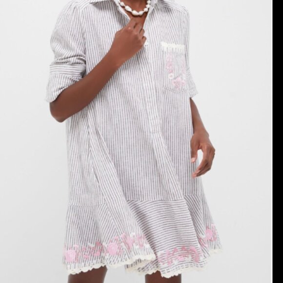 Tuckernuck Tan Stripe Embroidered Floral Callahan Shirt Dress - Picture 1 of 2